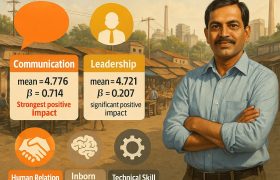 اینفوگرافیک رسمی درباره اثر پنج مهارت کارآفرینی—ارتباطی (میانگین ۴٫۷۷۶، β=0.714)، رهبری (β=0.207)، روابط انسانی، استعداد ذاتی و مهارت فنی—بر موفقیت کسب‌وکارهای خرد در ایالت جهارکند هند، بر اساس داده‌های رگرسیون چندگانه و ماتریس همبستگی پژوهش Chatterjee و Das (۲۰۱۶)