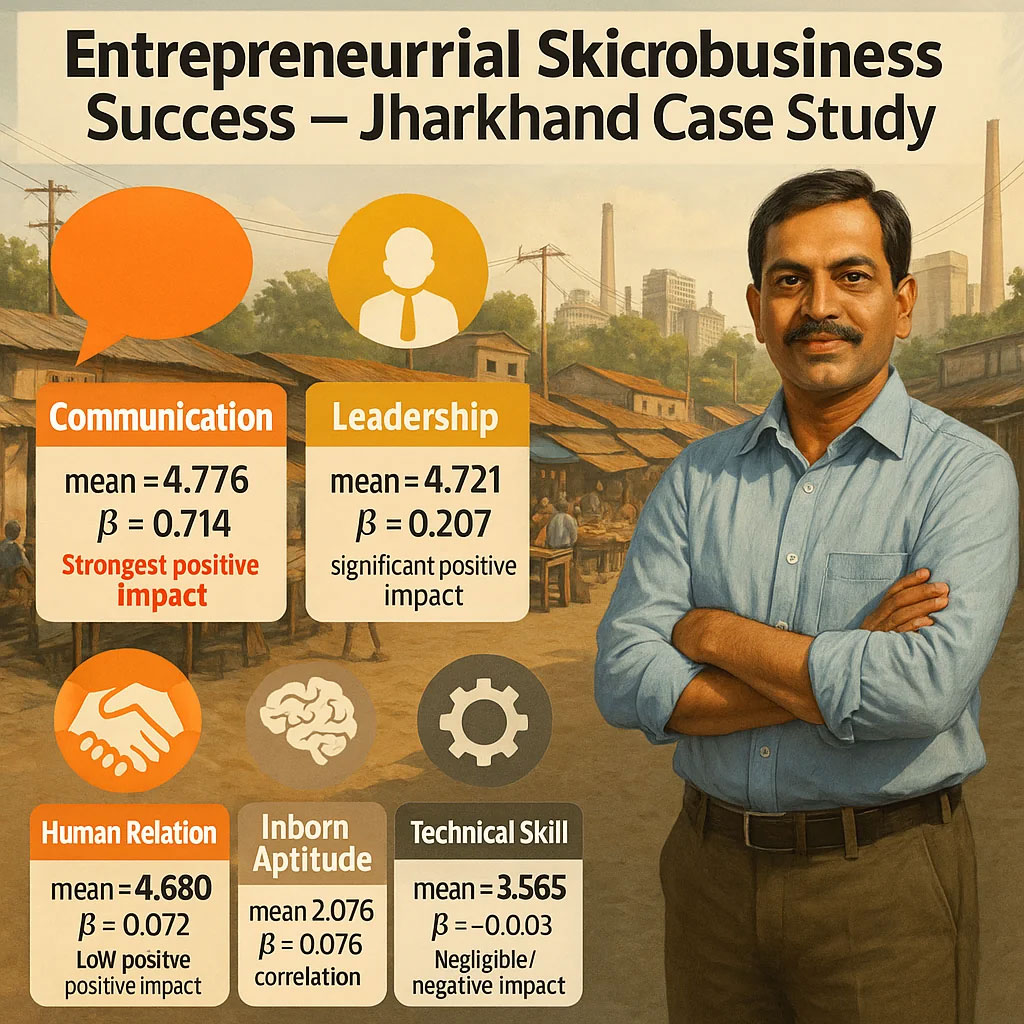 اینفوگرافیک رسمی درباره اثر پنج مهارت کارآفرینی—ارتباطی (میانگین ۴٫۷۷۶، β=0.714)، رهبری (β=0.207)، روابط انسانی، استعداد ذاتی و مهارت فنی—بر موفقیت کسب‌وکارهای خرد در ایالت جهارکند هند، بر اساس داده‌های رگرسیون چندگانه و ماتریس همبستگی پژوهش Chatterjee و Das (۲۰۱۶)
