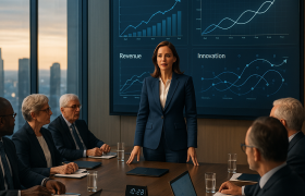 مدیرعامل حرفه‌ای ایستاده در اتاق هیئت‌مدیره مدرن، در حال ارائه گزارش‌های عملکرد با نمودار رشد کسب‌وکار، درآمد و نوآوری روی صفحه دیجیتال، در میان تیمی از مدیران ارشد سازمان. تصویر نشان‌دهنده نقش رهبری داده‌محور، تصمیم‌گیری استراتژیک و تأثیر ویژگی‌های مدیرعامل بر عملکرد شرکت است.