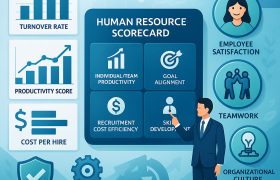 تصویر داشبورد شاخص‌های منابع انسانی با نمایش شاخص‌های کمی و کیفی، مدل Human Resource Scorecard و تحلیل پیش‌بینی‌کننده برای بهبود بهره‌وری و توسعه سرمایه انسانی