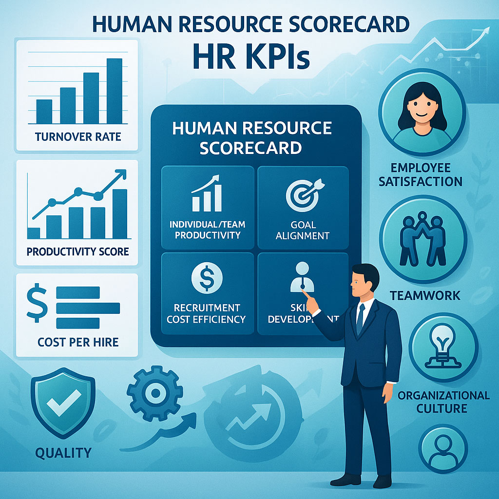 تصویر داشبورد شاخص‌های منابع انسانی با نمایش شاخص‌های کمی و کیفی، مدل Human Resource Scorecard و تحلیل پیش‌بینی‌کننده برای بهبود بهره‌وری و توسعه سرمایه انسانی