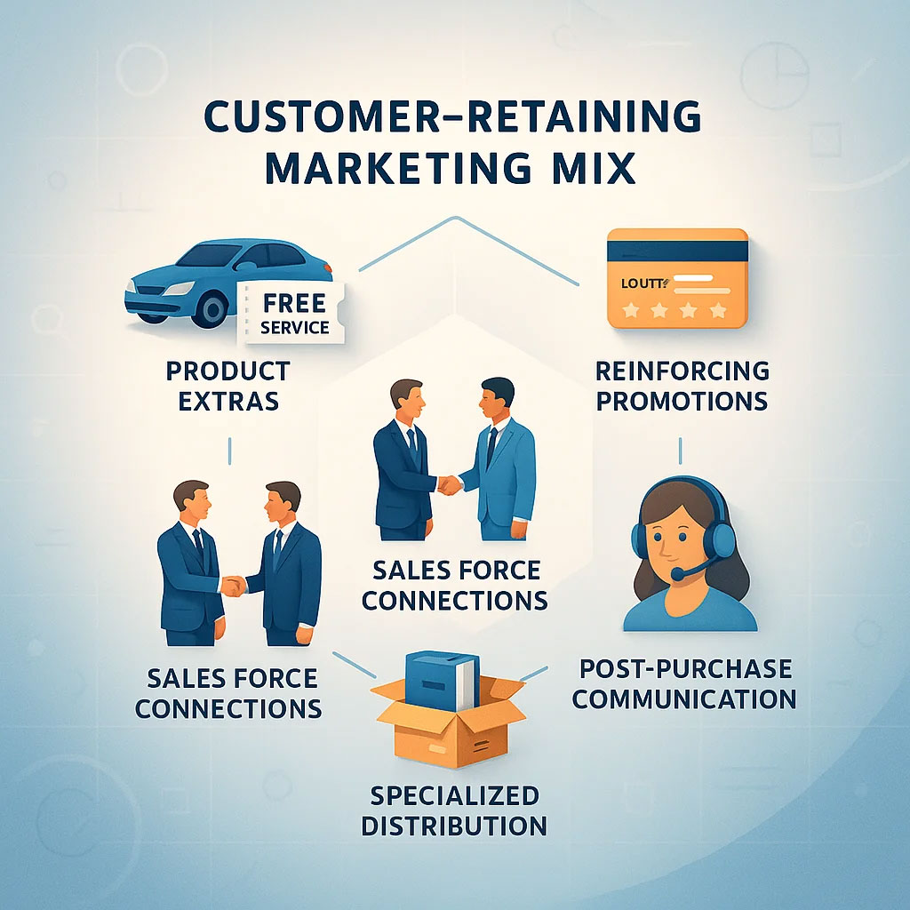 آمیخته بازاریابی برای جذب و حفظ مشتری شامل محصول اضافی، پروموشن‌های تقویتی، ارتباطات فروش شخصی، توزیع تخصصی و ارتباطات پس از خرید