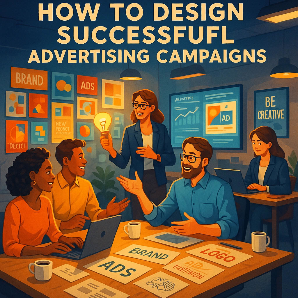 جلسه طراحی کمپین تبلیغاتی موفق با تیم بازاریابی در حال بررسی لوگو، برند و استراتژی خلاقیت برای تبلیغات داده‌محور