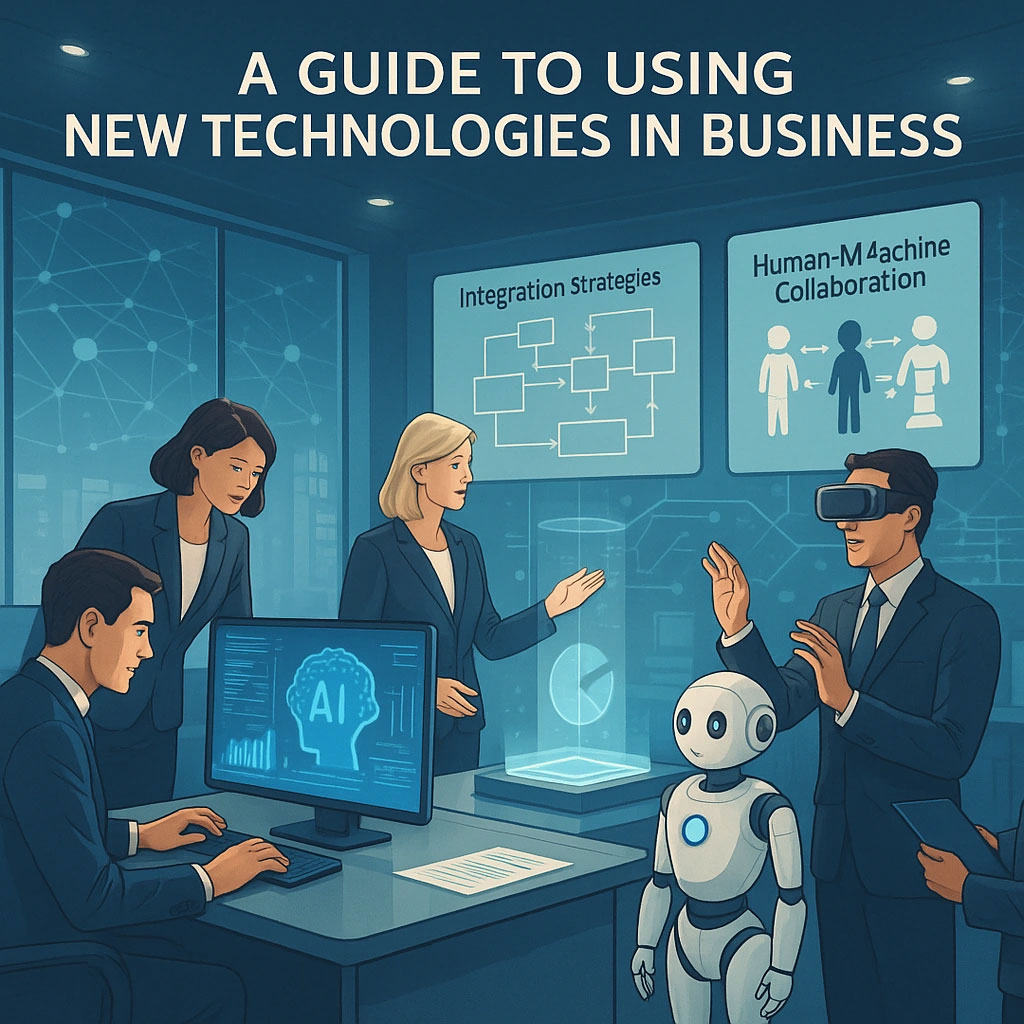 مدیران کسب‌وکار در حال تعامل با ربات و فناوری هوش مصنوعی در محیط کاری؛ آموزش استراتژی ادغام فناوری‌های نو برای دستیابی به مزیت هوش مصنوعی در سازمان
