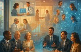 ویژن به‌عنوان داستان آینده؛ تصویر الهام‌بخش از رهبران و کارکنان در یک سالن روشن، مشغول ترسیم آینده سازمان با استفاده از دیوار دیجیتال شفاف که صحنه‌های آینده را نشان می‌دهد؛ ترکیب مثال صنعت سلامت، خدمات مشترک، و همکاری تیمی با عناصر نمادین پل و کتاب.