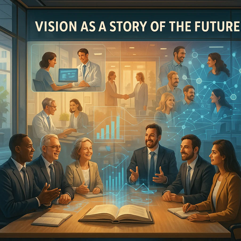 ویژن به‌عنوان داستان آینده؛ تصویر الهام‌بخش از رهبران و کارکنان در یک سالن روشن، مشغول ترسیم آینده سازمان با استفاده از دیوار دیجیتال شفاف که صحنه‌های آینده را نشان می‌دهد؛ ترکیب مثال صنعت سلامت، خدمات مشترک، و همکاری تیمی با عناصر نمادین پل و کتاب.