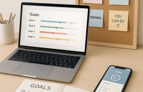 محیط کاری مینیمال برای هدف‌گذاری، ابزارهای ساده مدیریت هدف، لپ‌تاپ با داشبورد Goals، اپلیکیشن وظایف موبایل، دفتر یادداشت اهداف، simple goal management tools, Najat company productivity coaching, digital goal tracking tools, paper-based goal worksheets, health and education goal management, motivational workspace design, laptop showing progress tracking chart, smartphone task list, personal development tools, self-management improvement, Najat branding minimal workspace