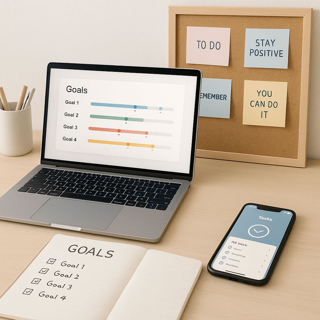 محیط کاری مینیمال برای هدف‌گذاری، ابزارهای ساده مدیریت هدف، لپ‌تاپ با داشبورد Goals، اپلیکیشن وظایف موبایل، دفتر یادداشت اهداف، simple goal management tools, Najat company productivity coaching, digital goal tracking tools, paper-based goal worksheets, health and education goal management, motivational workspace design, laptop showing progress tracking chart, smartphone task list, personal development tools, self-management improvement, Najat branding minimal workspace