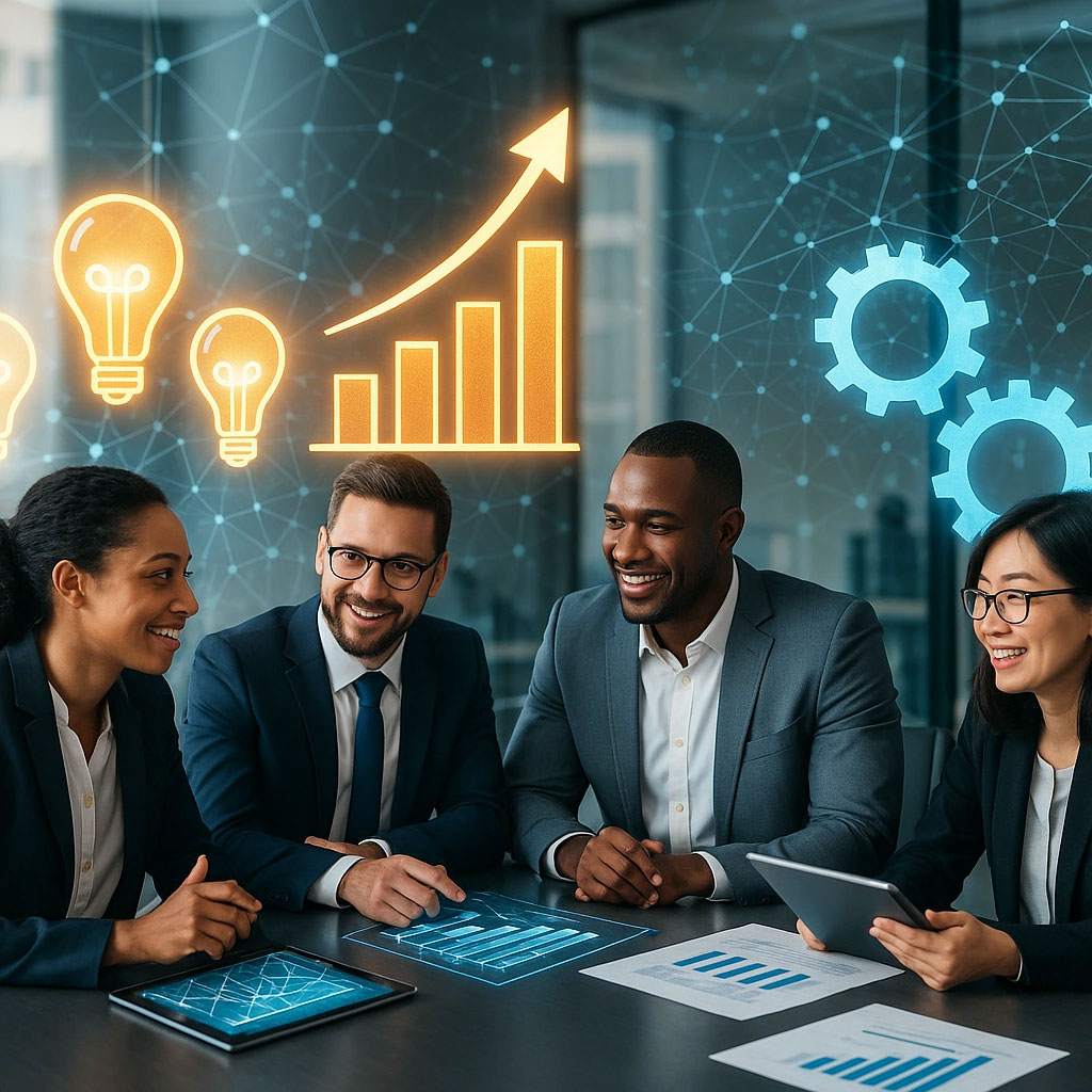 تیم کاری در حال برنامه‌ریزی و تحلیل داده‌های نوآورانه برای رشد کسب‌وکار با نمادهای فناوری و خلاقیت