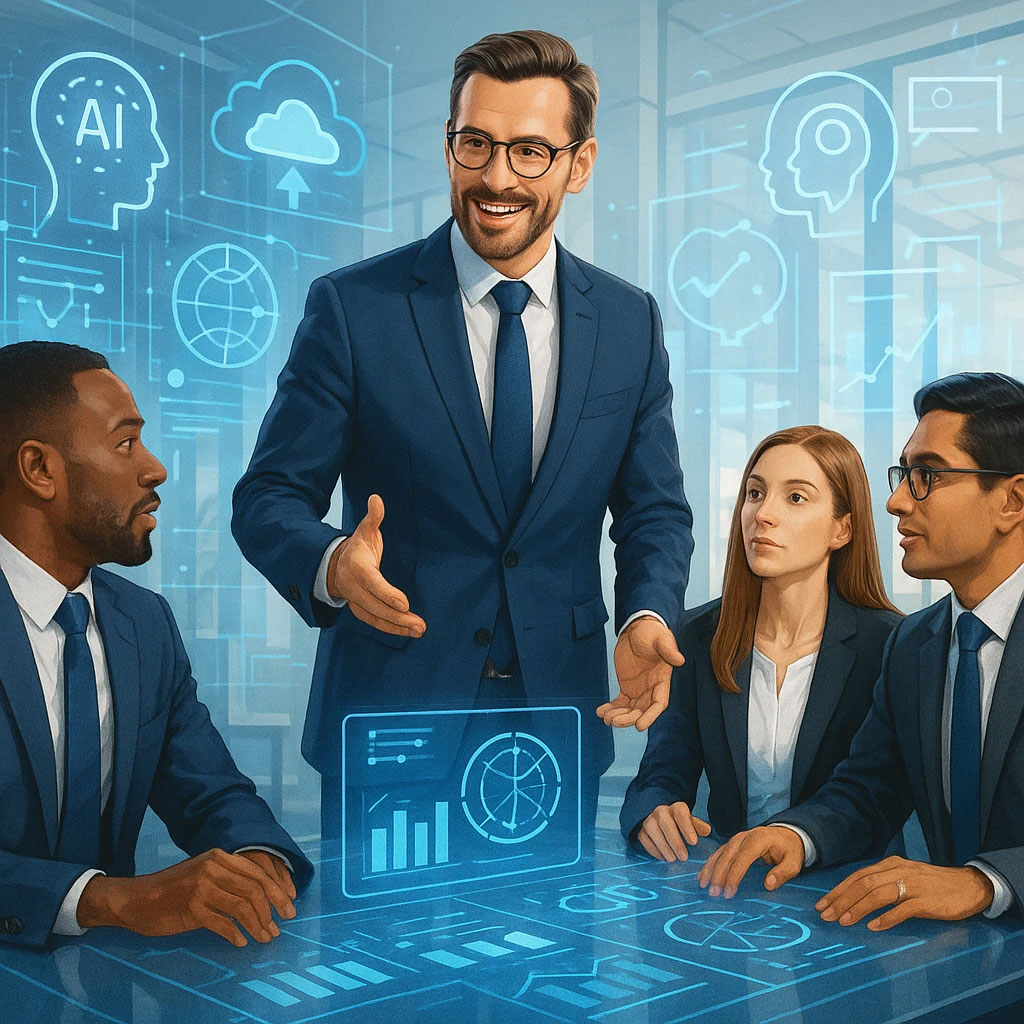 نمودار مدل شش‌گانه شایستگی‌های رهبری تحول‌ساز در تحول دیجیتال سازمانی؛ شامل واقع‌گرایی، پایداری، تسهیل‌گری، ارتباط، کاتالیزوری و آگاهی داده‌محور